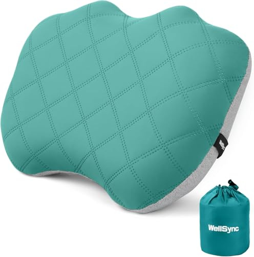 WellSync Cuscino da campeggio gonfiabile ultraleggero, cuneo ergonomico, verde, standard (47 cm x 33 cm), con fodera rimovibile, a prova di perdite, leggero, traspirante