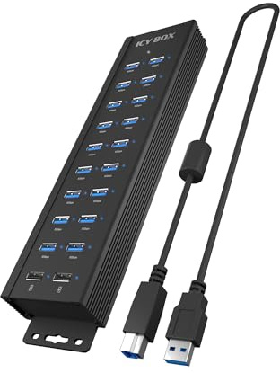 ICY BOX 20-vägs USB 3.2 Gen 1-hub med 12 V/3 A strömadapter, aluminiumhölje och 2 USB-laddningsportar, IB-HUB1720-U3