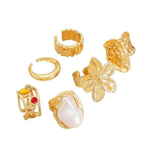 XFSRG Set de 6 Anillos Gruesos para Mujer Anillos Abiertos Vintage Apilables con Diseño de Flores y Perlas Joyería de Verano Antioxidante (Oro)