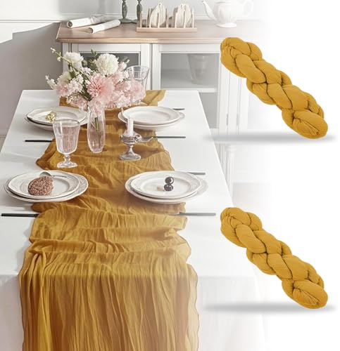 Käsetuch Tischläufer, 2 Stück Seihtuch Tischläufer, 90x300cm Musselin Tischläufer für Hochzeit Dekoration Geburtstagsparty(Senfgelb)