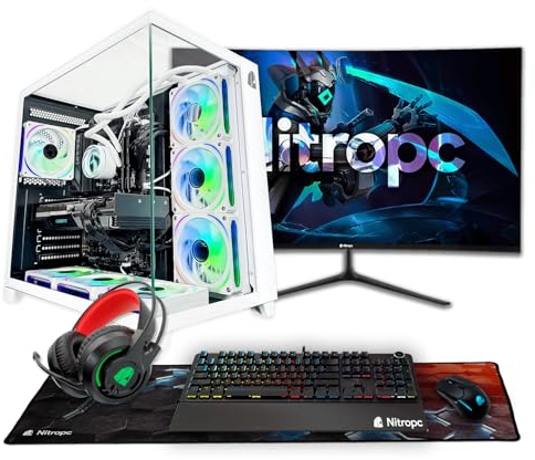NitroPC - Pack Extremo | PC Gaming Completo (Intel Core i7 12700K 12/20 5.0GHz, RTX 5060 8GB, RAM 32GB, M.2 1TB, Windows 11 PRO | WiFi, Monitor Curvo 27, Teclado, ratón, Cascos) PC sobremesa (Blanco)