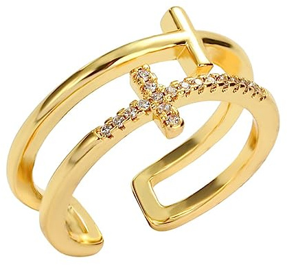SAFIGLE Bague Croix Réglable Femme Plaquée Or avec Chrétien Élégant et Fantaisie Anneau Ouvert Ajustable pour Mode