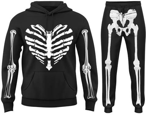 RUMAOZIA Tuta da uomo con scheletro per Halloween, felpa con cappuccio, per jogging, unisex, set da scheletro, costume da halloween, tuta da jogging, Nero , S