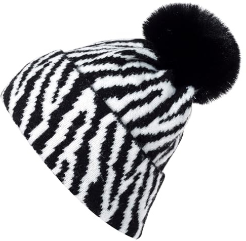 styleBREAKER Bonnet à Pompon Femme en Tricot Motif zébré, Beanie d’Hiver Chaud Extensible avec Pompon en Fausse Fourrure en Viscose, Noir-Blanc