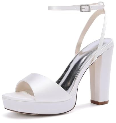 KYEGLO Sandali con Tacco Alto E Largo in Raso con Punta Aperta da Donna, Punta Arrotondata E Cinturini - Scarpe con Plateau Alto per Abiti da Sposa O da Sera,Bianca,42