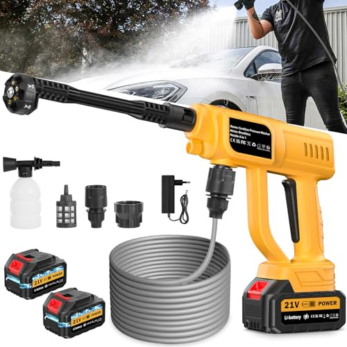 Idropulitrice a Batteria, 21V 120Bar Idropulitrice Mobile, Idropulitrice a Batteria con 2 Batterie&Ugello 6-in-1&Tubo da 5M, Idropulitrice Senza Fili Portatile per Auto/Terrazza/Finestre