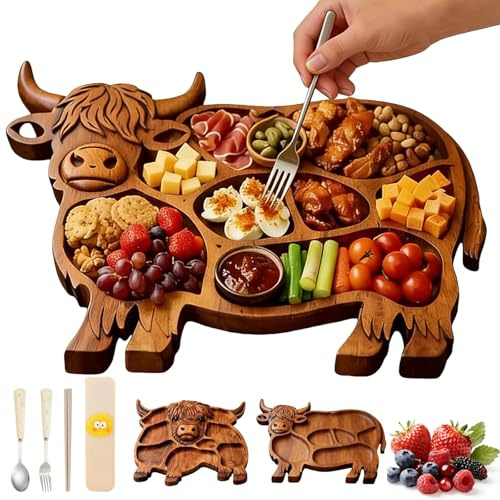 NNBWLMAEE Highland Cow Wooden Charcuterie Board, Highland Cow Charcuterie Board, Wooden Cows Food Platter, Rustic Farmhouse Serving Boards with Compartments, for Cheese, Meat, Fruit & Snacks (A)