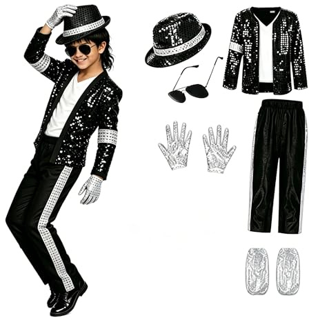 sloiaz Costume da superstar pop for ragazzi, set da 7 pezzi, giacca con paillettes nere, pantaloni, cappello, guanti, costume da ballo retrò di Halloween anni '80 e '90(10-11Year)