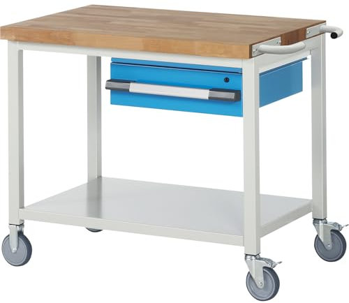 eurokraft | Fahrbare Werkbank Serie 8000 | Gestellbauweise | 1 Hängeschublade | Ablageboden | BxT 1000 x 700 mm