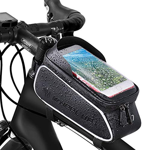 Bike Frame Bag, Bicycle Phone Mount, Waterproof Cycling Front Top Tube Pouch Bike Handlebar Phone Holder Pannier Cycle Crossbar Storage Bags for iPhone 16 15 14 13 12 11 Pro Max Smartphone Below 6.7''