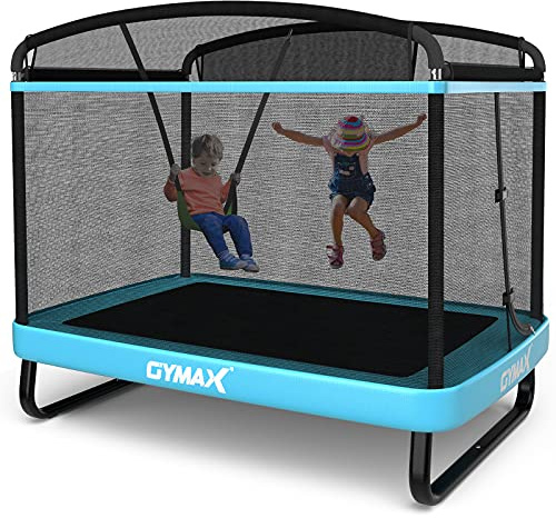 GYMAX 6FT Kids Trampoline with Swing, ASTM Approved Rectangle Recreational Trampoline with Enclosure Safety Net, Indoor/Outdoor Baby Toddler Play Combo Bounce, Birthday for Boy & Girl (Blue)