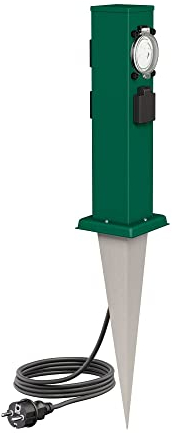 ledscom.de Colonne de Prises de Jardin Polly avec Piquet de Terre et 2m de câble pour l'extérieur, IP44, 3-Fois avec minuterie/commutateur horaire, Vert, carré, 38cm