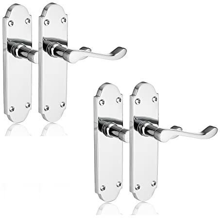 XFORT Chrome Elegance Range Polished Chrome Richmond Lever Latch Handles, Polished Chrome Long Backplate Door Handles, Contemporary Design for Internal Wooden Doors (2 Pairs)
