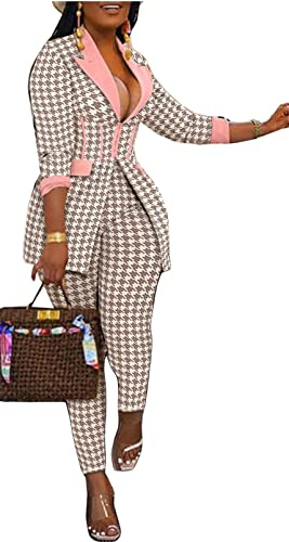 Womesn Sexy 2 Pieces Houndstooth Printed Blazer Jackets Bodycon Pants Party Clubwear Tracksuit Outfits Suit Set(Pink,M)