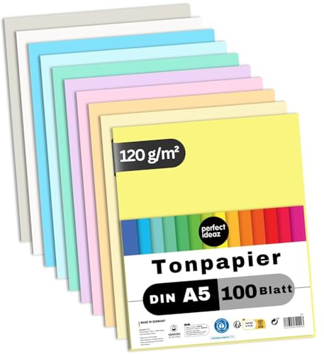 perfect ideaz - 100 Blatt Tonpapier A5, 10 Pastell-Farben, 120 g/m² stabiles Recycling Papier, Made in Germany, Blauer Engel zertifiziert