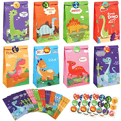 PHOGARY Confezione Regalo, 24 Sacchetti di Carta con Dinosauro + 36 Adesivi Dinosauro per Feste di Compleanno, Borse per Feste e Borse per Bambini, Sacchettini Compleanno Bambini