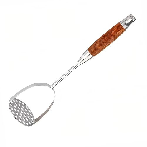 REDANT 13.5 Stainless Steel Potato Masher with Wooden Handle - Heavy Duty Metal Masher for Mashed Potatoes, Avocado, Beans & Sweet Potato - Commercial & Home Kitchen Utensil (Dishwasher Safe)