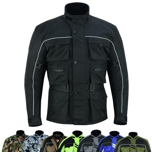 warrior gears 6 Pockets Mens Motorcycle Jacket, Textile Racing Motorbike Jacket, Hi-Vis Biker CE Protective Armored Jackets Mens Waterproof & Mesh Lining Breathable, Black - Large