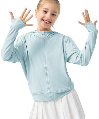 Rolanko Girls Summer Jacket with Thumbholes Long Sleeve Sun Protection Quick Dry Zipper Hoodie Kids Rash Guard Tops, Blue, Size: 160/11-12 Years