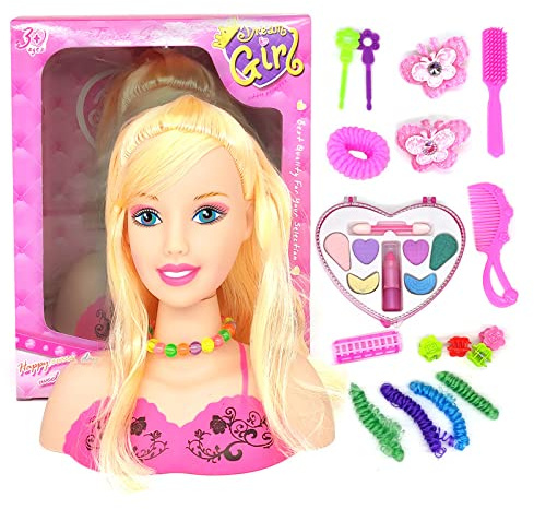 SASKATE Makeup Pretend Playset for Children, 17pc Hairdressing Styling Head Doll, Makeup Toy, Educational Gift for Girls (A)