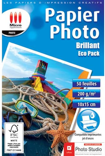 Micro Application - Papier Photo Brillant - Format 10x15 - Grammage 200 g/m² - 50 feuilles - Pack économique - Compatible pour imprimantes à jet d'encre