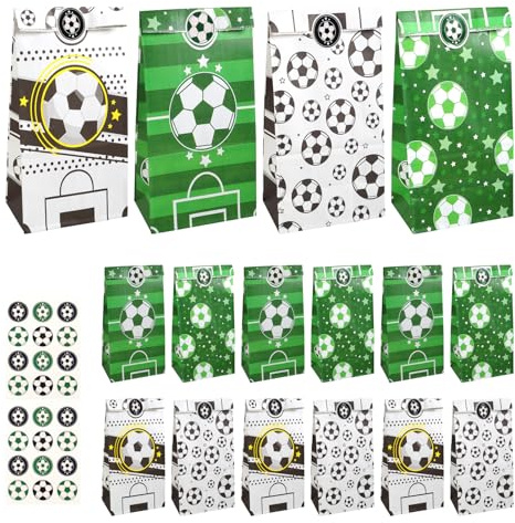 16 stycken fotbollsfestpåsar med klistermärken, 4 mönster fotboll papperspåsar, födelsedag godispåsar, födelsedagar dekoration fotboll presentpåse, presentpåsar för godis, små presenter