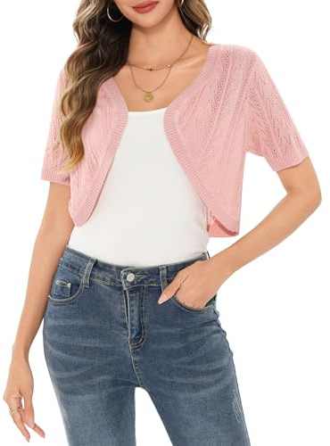 Aottori Cardigan Donna Corto Coprispalle Elegante Estivo Bolero Manica Corta Bolerino a Maglia Leggero Shrug Aperto per Matrimonio Cerimonia Rosa L