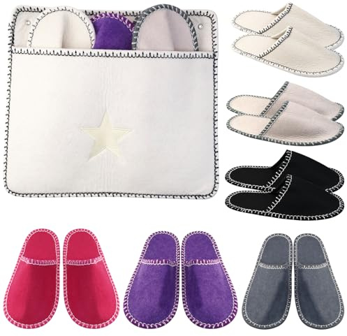 WPPQWP Juego de 6 zapatillas de fieltro para invitados, color beige, lavables, antideslizantes y cómodas, talla 36/39,40/42,43/45, con bolsa de almacenamiento, beige, 36/42 EU