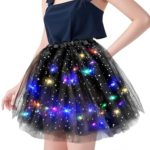 Tüllrock Damen LED Tütü Erwachsene 40cm,Sterne Pailletten Tütü Rock Ballettrock mit LED Lichter Damen Tüllrock Ballettrock
