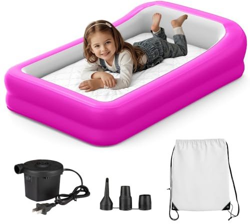 GloTika Toddler Travel Bed,Inflatable Air Mattress,Rol1-0ff Bumpers Pink | Kids Ages 3t, Foldable Carry Bag, Flocked PVC, Electric Pump, 150 1b Capacity, Grandparent Visits, Washable Cotton Sheet