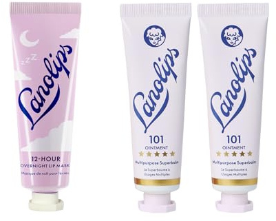 Lanolips Lip Care Essentials – 101 Ointment Multi-Balm Duo (2 × 0.52 oz) + 12 Hour Overnight Lip Mask (0.52 oz), Hydrating Lip Balms with Lanolin & Actives for Day & Night Repair