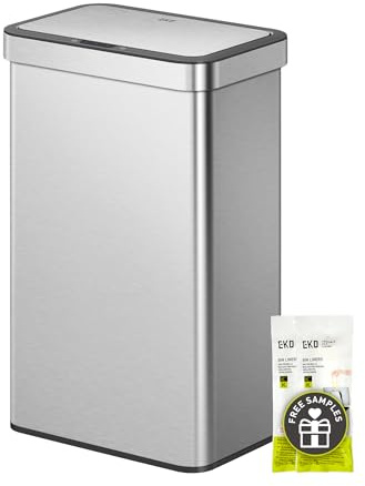 EKO Econova 30L+30L Dual Compartment Motion Sensor Trash Can, 16 Gallon Automatic Kitchen and Recycling Bin, Soft-Close Lid, Fingerprint-Resistant Stainless Steel Garbage Bin, 2 Inner Buckets