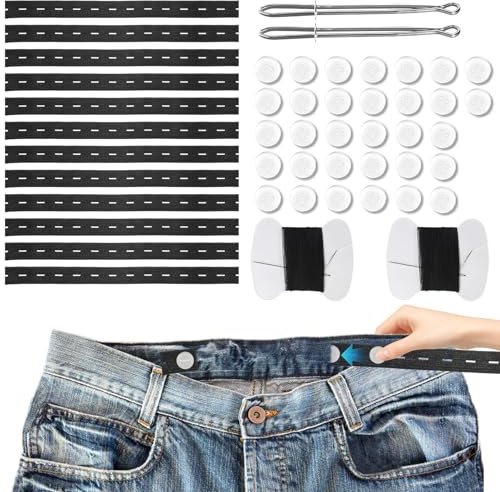 Hyxodjy 12 Unidades de Ajustadores de Pantalones Elásticos, Cintura Elástica Ajustable, Cinta de Costura Plana con Ojales para Pantalones, Botón de Extensión para Coser