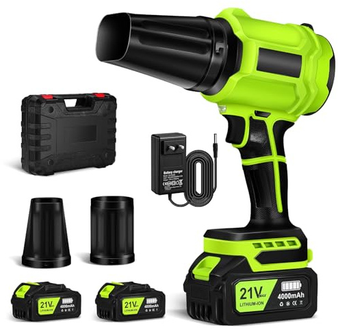 JUOIFIP Akku-Laubbläser, Akku-Gebläse Turbo mit 2x4.0Ah Akkus, 800,000 U/Min, 65m/s Luftgeschwindigkeit, Akku Elektro-Laubbläser zum Entfernen von Laub, Staub & Schnee, Limettengelbgrün