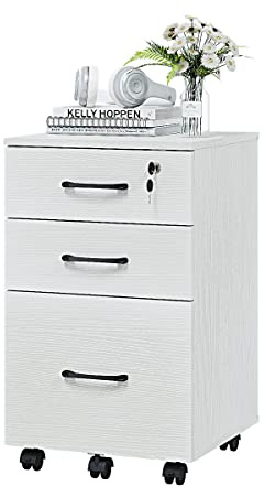 Panana 3 Drawer Wooden Mobile File Cabinet Small Office Rolling Filing Cabinet Under Desk Organizer on Wheels Letter-Size Hanging File Folders (White)