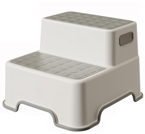 WY8 Dual Height Step Stool for Kids, Non-Slip 2 Step Stool for Toddlers with Built-in Handles & Reinforced Base, Perfect for Potty Training, Bathroom, Kitchen, Sturdy & Practical Design (Grey)