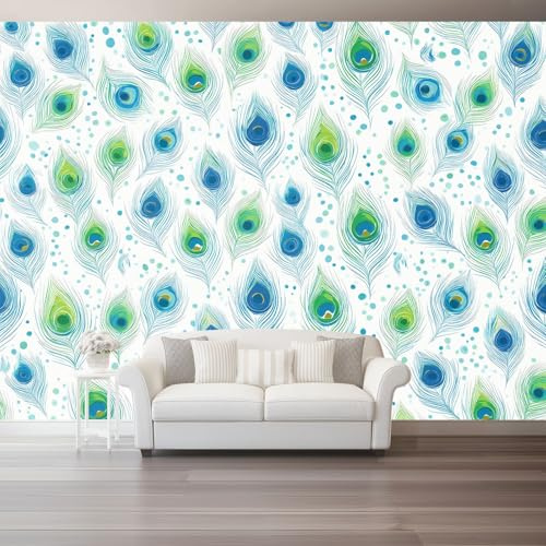 Générique Papier Peint Plumes De Paon Artistiques Et Abstraites, 150 x 105 cm（WxH Panoramique Murale Salon Papier Peint intissé pour Chambre Salon Tv Fond Murale Décoration Blanc