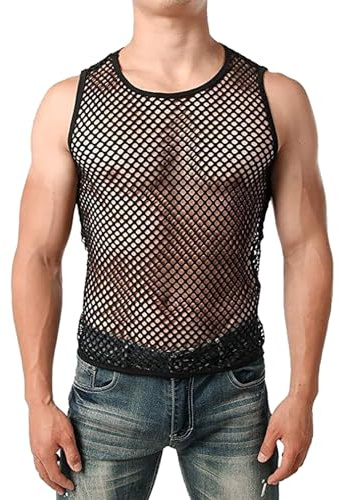 Munweiyu Débardeur en résille pour homme - Sexy - Transparent - Lingerie - En maille ajourée - Structure en maille transparente - Sans manches
