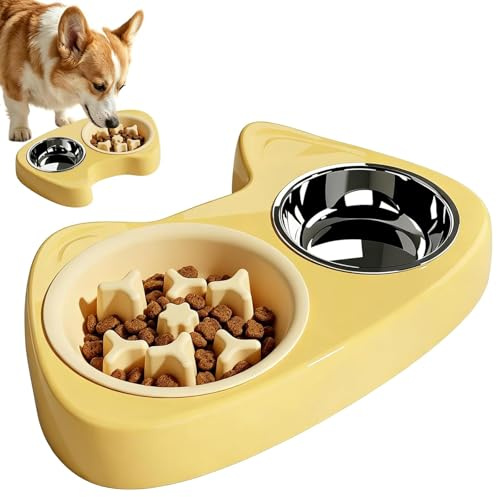 Ciotola Anti Ingozzamento per Gatti e Cani Piccoli, Doppia Ciotola 2 in 1 in Acciaio Inox con Design Anti-Soffocamento e Base Antiscivolo per Cibo e Acqua, Facile da Pulire, Giallo Limone