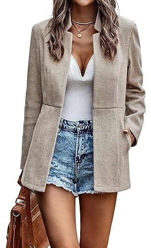 chouyatou Women's Casual Business Open Front Long Sleeve Notch Lapel Office Blazer Jacket (Large, Apricot)