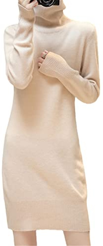 Disimlarl Vestido casual elegante para mujer otoño/invierno 100% lana merino cuello alto punto slim fit color sólido, beige, S