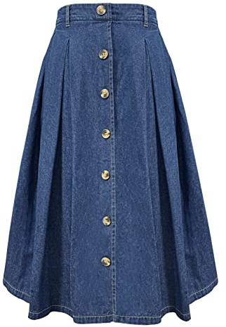 JayscreateEU Gonna da donna con gonna midi a vita alta, lunghezza al ginocchio, linea ad A, con tasche, gonna estiva con pieghe, maxi gonna autunnale con frange, denim blu, M