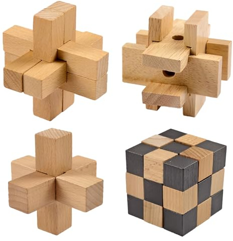 Holzsammlung 4 Piezas Juego Difícil de Rompecabezas de Madera 3D Brain Teaser Mini Juego de Inteligencia Desarrollo, IQ Juguetes Educativos Juegos de Lógica Entrenamiento Cerebro para Niños Adultos
