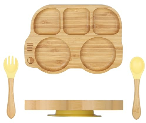 wooshwa Plato de Succión con Cuchara y Tenedor de Bambú para Bebés y niños, Vajilla Infantil Ecológica (Amarillo)