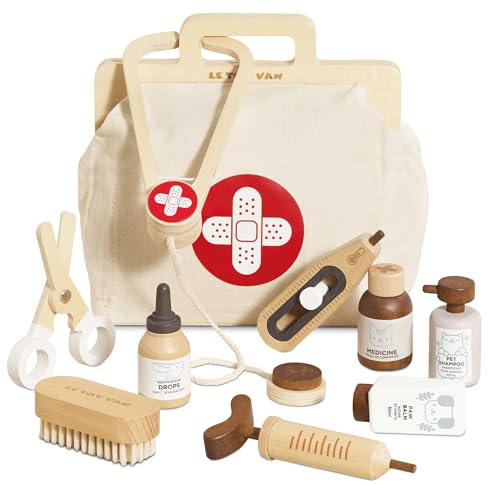 Le Toy Van - TV292 - Gioco educativo valigetta dottore in legno per bambini, 3 anni, giocattolo Montessori, borsa del medico in tessuto completa, 10 pezzi, accessori inclusi, legno certificato FSC