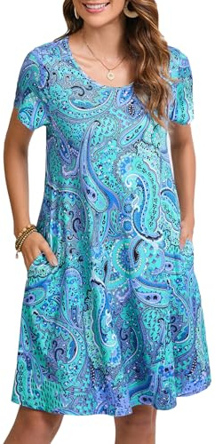 Enmain Women's T-Shirt Dress Short Sleeve Summer Tunic Dress with Pockets Casual Boho Knee Length Dresses for Women UK