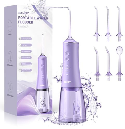 Munddusche Kabellos Elektrischer Zahnreiniger, Sejoy Zahndusche Water Flosser 5 Modi & 6 Düsen USB-C Wiederaufladbare Wasser Flosser IPX7 Wasserdicht, 280ML Wassertank Mund Reiniger (Lila)