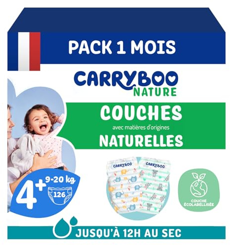 CARRYBOO - Couches Taille 4+ (9-20kg) - Peaux sensibles - Naturelles et Ultra absorbantes - 12h Anti-fuites - Sans ingrédients indésirables - Fabriquées en France - 126 Couches - Pack 1 Mois