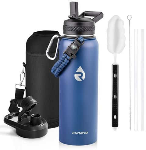 RAYMYLO Insulated Water Bottle 40 oz, Triple Wall Vacuum Stainless Steel (Cold for 48 Hrs), Leak Proof & Non-BPA, Modern Water Flask Jug with Paracord Handle & Straw Spout Lids, Navy Blue