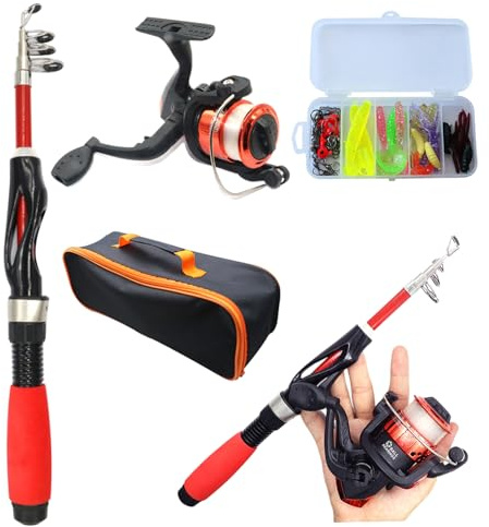 Trrymbbe Kids Fishing Pole 4Pcs/Set Telescopic Portable Mini Kids Fishing Rod Starter Set Ceramic Guide Ring Fiberglass Lure Rod for Beginner, Red